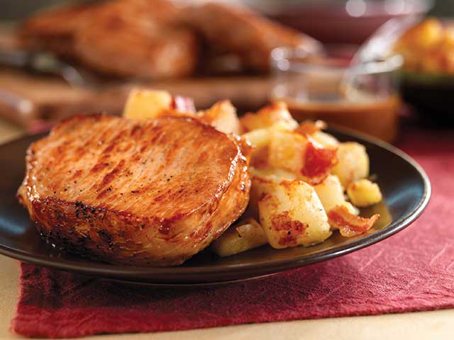 Pan-Seared Pork Chops with Maple Gravy & Apple Bacon Hash